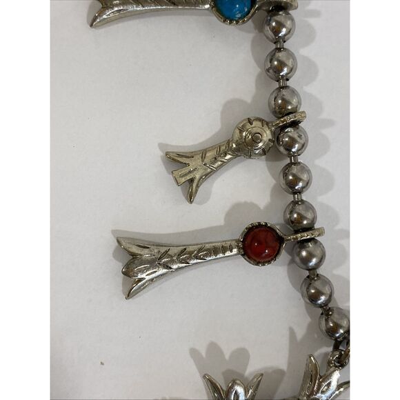 Vtg Arthur Pepper Faux Southwestern Squash Blossom Necklace Silver Turquoise - Picture 4 of 10